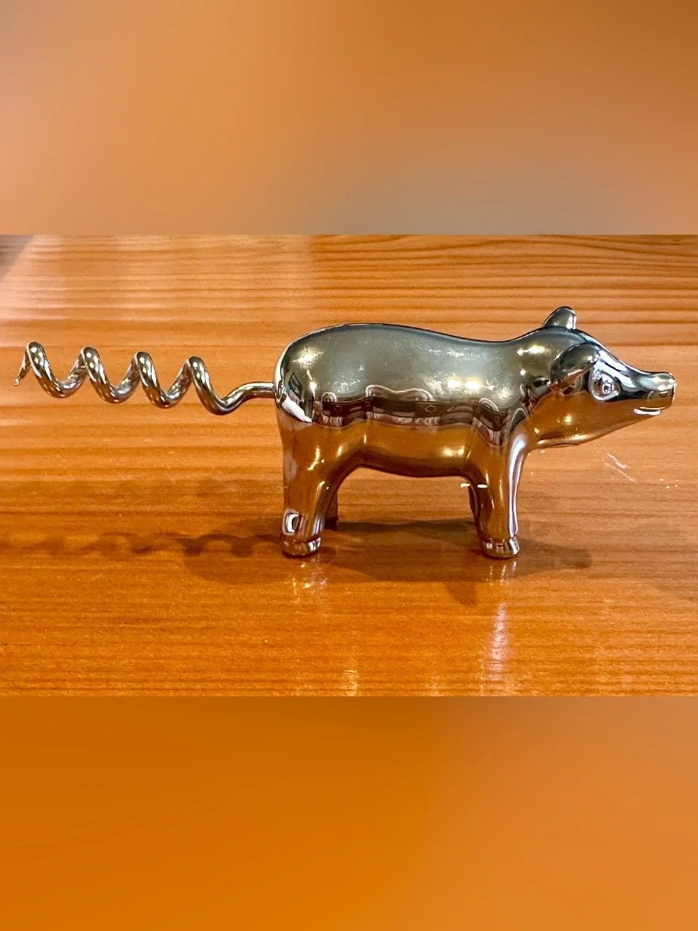 Chrome Silver Metal Figural Pig Wine Bottle Opener Tail Corkscrew Barware - Cute